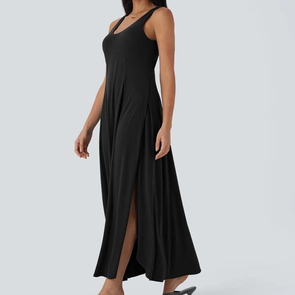 Halara U Neck Backless Split Flowy Maxi Casual Tank Stretch Dress Black M - Picture 1 of 9